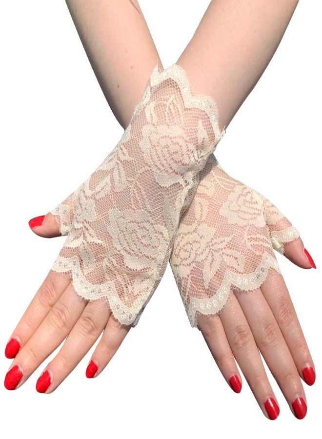 Seeksmile Women Sunblock Short Lace Half Fingerless Gloves Fancy Wrist Length Bridal Wedding Events Party Glove (One Size, Skin)